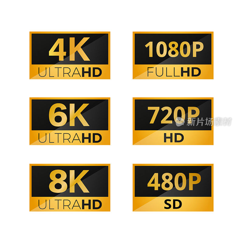一套视频尺寸SD, HD, FHD, 4K, 6K, 8K。